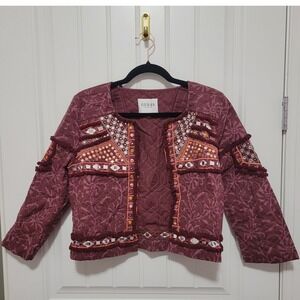 Guess Los Angeles Quilted‎ Embellished Jacket Boho Festival Burgundy Size Small